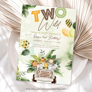 EDITIERBAR Zwei wilde Dschungel-Safari-Geburtstags-Einladung | Party Animals 2.Geburtstag einladen | Corjl-Schablone SJ1