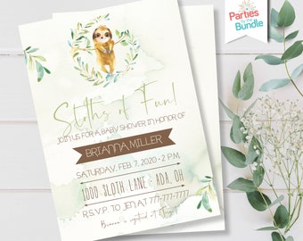 May include: A baby shower invitation with a watercolor background featuring a sloth hanging from a branch. The invitation reads "Sloth of Fun!" and includes the name Brianna Miller, the date and time of the shower, and the address. The text "R.S.V.P. to Jen at 777-777-7777" is also included.