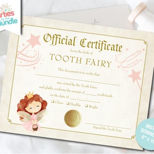 Tooth Fairy Certificate for Girl, Tooth Fairy Receipt, Lost Tooth Certificate, First Tooth Lost, Tooth Fairy Printable, INSTANT DOWNLOAD