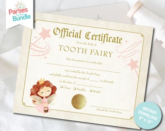 Tooth Fairy Certificate for Girl, Tooth Fairy Receipt, Lost Tooth Certificate, First Tooth Lost, Tooth Fairy Printable, INSTANT DOWNLOAD