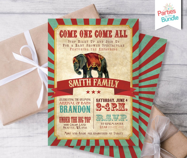 Puede incluir: Una invitaci&oacute;n de baby shower con tem&aacute;tica de circo vintage con un esquema de color rojo, blanco y azul. La invitaci&oacute;n presenta un elefante de dibujos animados con un disfraz rojo y dorado. El texto de la invitaci&oacute;n dice "Come One Come All" y "Celebrating the Upcoming Arrival of Baby Brandon".