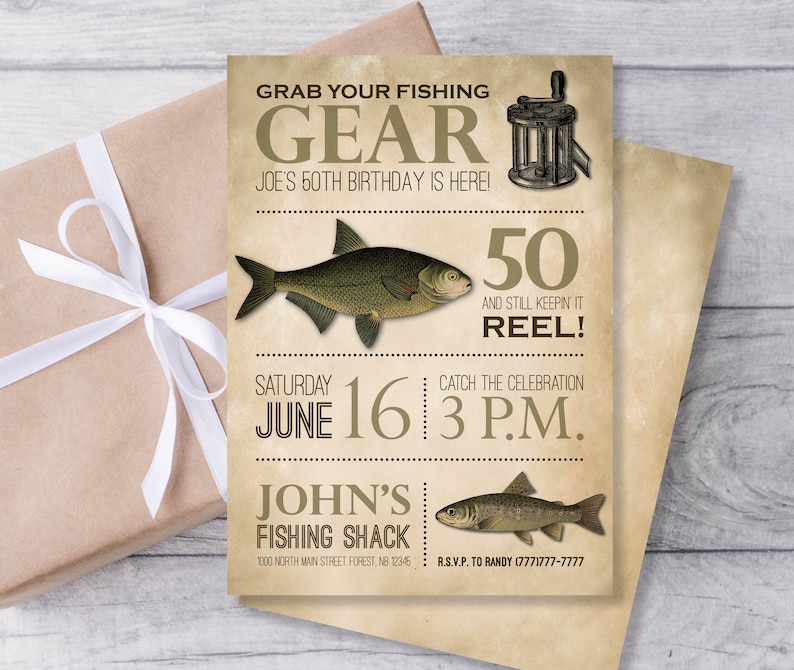 Fishing Invitation, Fishing Party Invitation, Fishing Birthday Invitations, Rustic Birthday Invites, 50th Male Birthday, 40th Male Birthday image 2