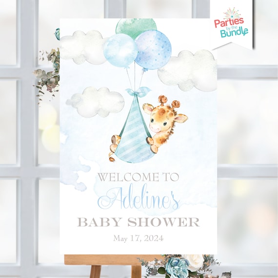 Blue Giraffe Baby Shower Welcome Sign Jungle Safari Easel