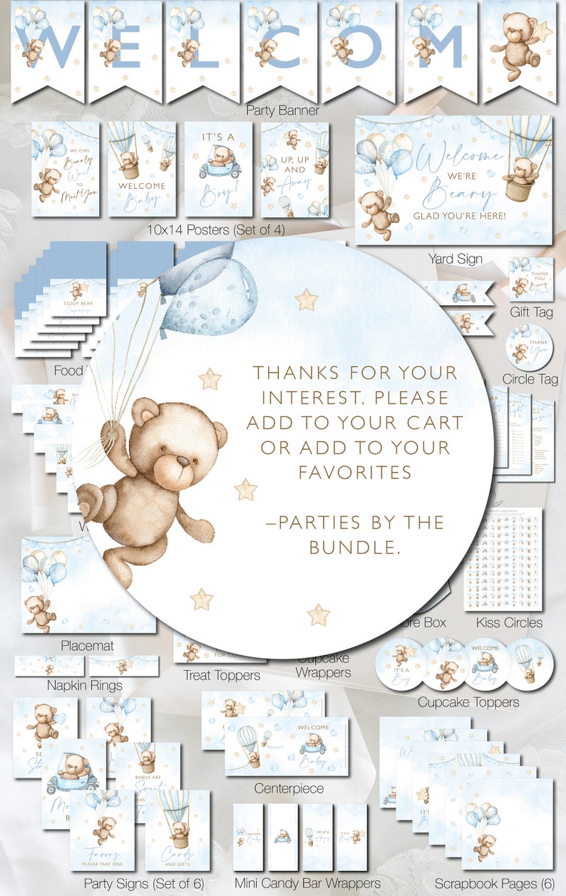 Teddy Bear Printable Baby Shower Bundle Party Pack Kit Party | Etsy