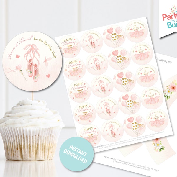 Pink Tutu Cupcake Toppers, Ballerina Party Decorations, Ballet Party Cupcake Wrappers, DIY Printable Birthday Decor, INSTANT DOWNLOAD