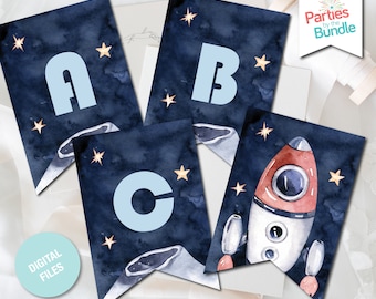 Outer Space Planets Party Banner, Banner Bunting, Party Decorations, Space Birthday Banner, Party Garland, First Birthday, DIGITAL P7
