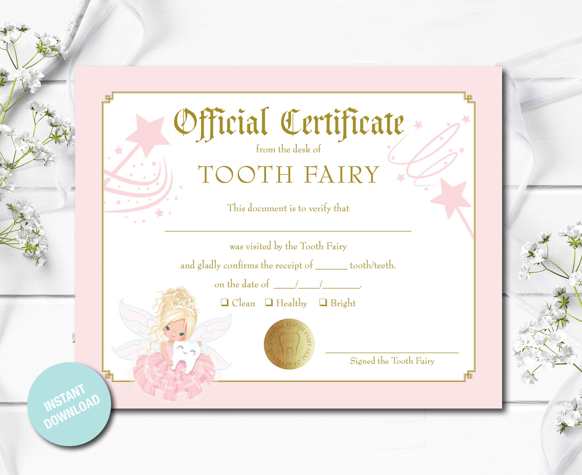 Tooth Fairy Certificate for Girl: Lost Tooth Keepsake (instant Download ...