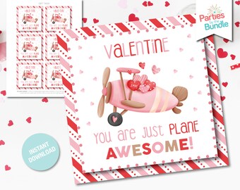 May include: Valentine's Day printable gift tags featuring a pink airplane carrying hearts with the text "You are just plane awesome!" on a red and pink striped background.
