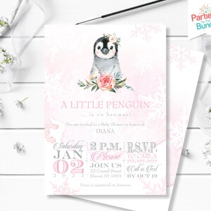 May include: A pink and white baby shower invitation with a cartoon penguin wearing a flower crown. The text reads "A Little Penguin... is on her way!" and includes the date, time, and RSVP information.