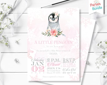 May include: A pink and white baby shower invitation with a cartoon penguin wearing a flower crown. The text reads "A Little Penguin... is on her way!" and includes the date, time, and RSVP information.