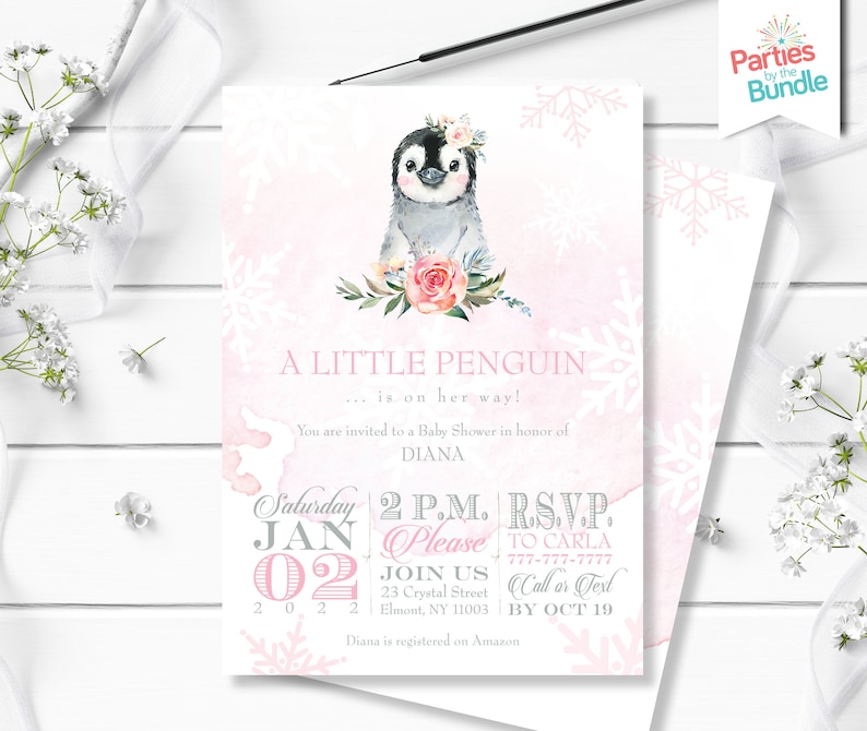 May include: A pink and white baby shower invitation with a cartoon penguin wearing a flower crown. The text reads "A Little Penguin... is on her way!" and includes the date, time, and RSVP information.