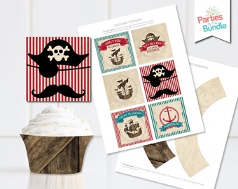 Pirate Cupcake Toppers/Wrappers Set, Cake Toppers, Pirate Birthday Decor, Pirate Printables, Party Decorations, INSTANT DOWNLOAD