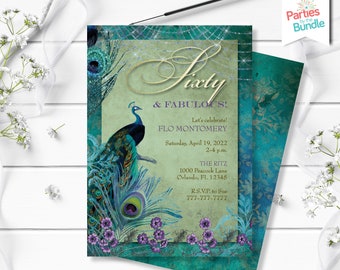 Peacock Birthday Party Invitation, Peacock Feather, 50th 60th 70th, 80th, Sixty and Fabulous, Peacock Theme, Printable Invitation