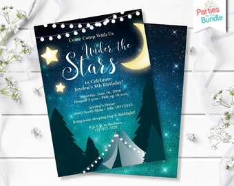 Camping Birthday Invitation, Under the Stars Birthday Invite, Campout Invite, S'mores Party, Night Under the Stars, Glamping Invite, #001