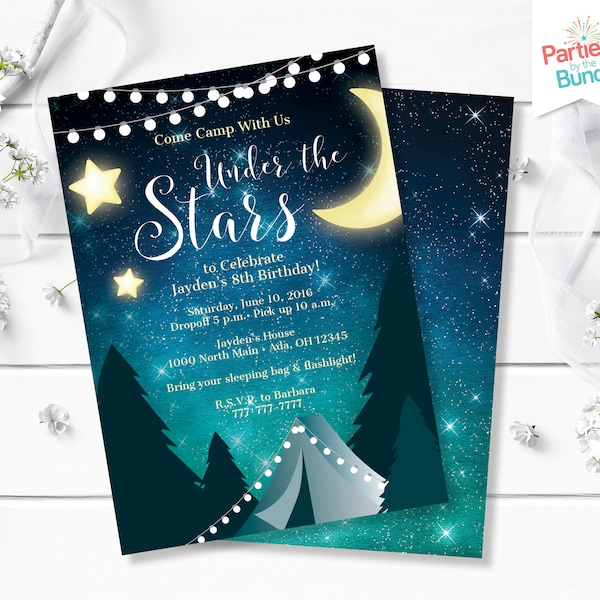 Camping Birthday Invitation, Under the Stars Birthday Invite, Campout Invite, S'mores Party, Night Under the Stars, Glamping Invite, #001