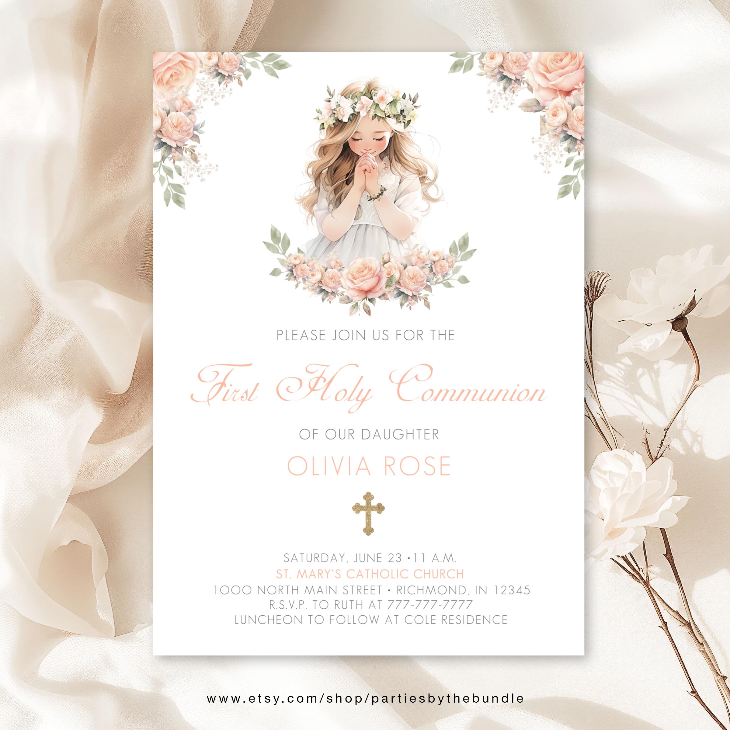 EDITABLE Floral First Communion Invitation for Girls | Praying Hands ...