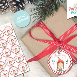Etiquetas de círculo de 2 polegadas de elfo do Papai Noel Etiquetas para presentes de Natal Adesivos para impressão Etiqueta para presente de festa de Natal DOWNLOAD INSTANTÂNEO
