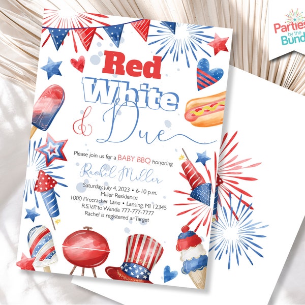 Red White and Due 4th of July Baby Shower Invitation | DIGITAL FILE | Printing Services Available