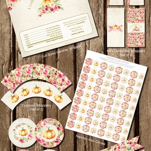 Puede incluir: Una colecci&oacute;n de decoraciones de fiesta imprimibles con tem&aacute;tica oto&ntilde;al. Incluye un envoltorio Hershey de tama&ntilde;o completo, envoltorios de mini barras de caramelo, envoltorios de cupcakes, adornos para cupcakes, c&iacute;rculos de besos Hershey y banderas de paja. Los dise&ntilde;os presentan calabazas y arreglos florales.