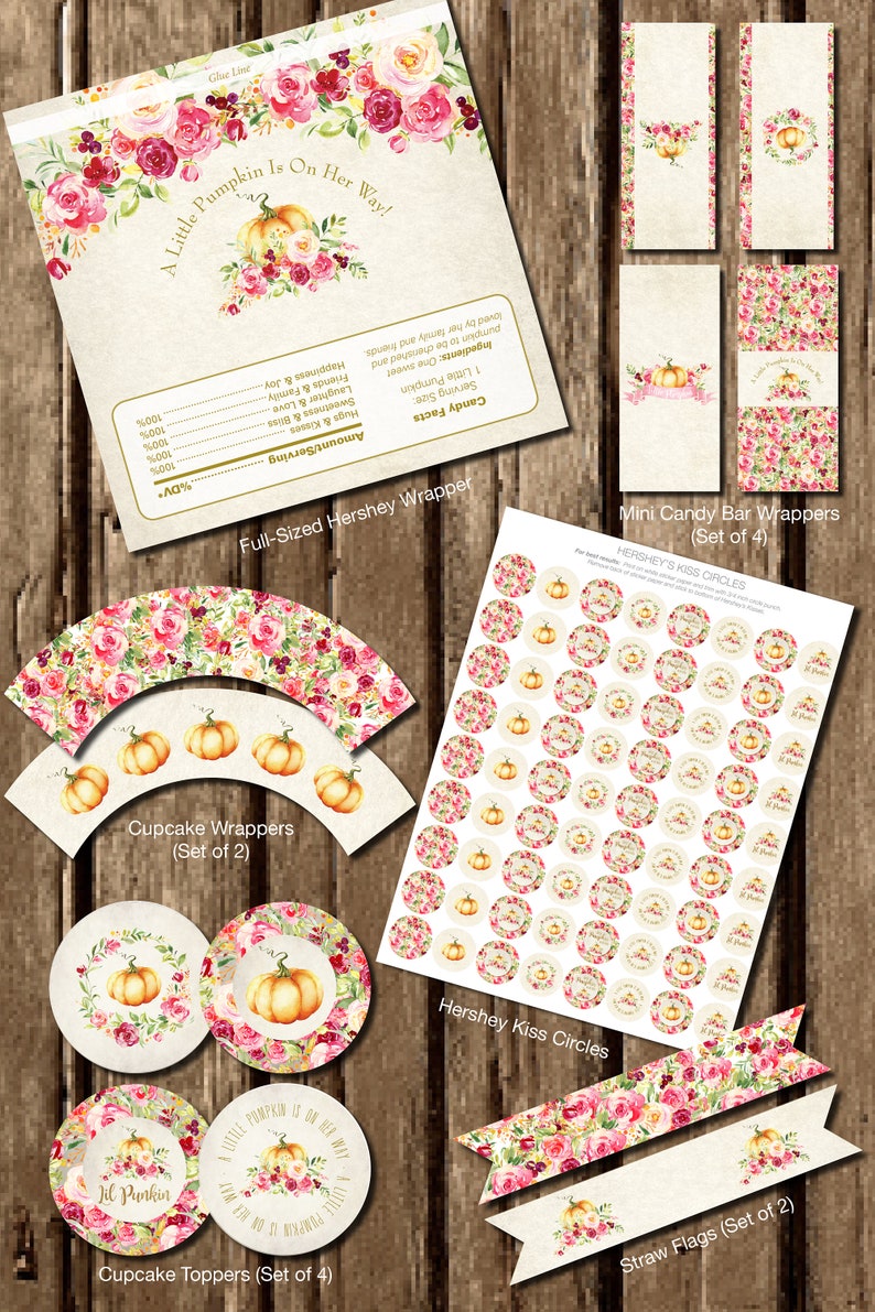 Puede incluir: Una colecci&oacute;n de decoraciones de fiesta imprimibles con tem&aacute;tica oto&ntilde;al. Incluye un envoltorio Hershey de tama&ntilde;o completo, envoltorios de mini barras de caramelo, envoltorios de cupcakes, adornos para cupcakes, c&iacute;rculos de besos Hershey y banderas de paja. Los dise&ntilde;os presentan calabazas y arreglos florales.