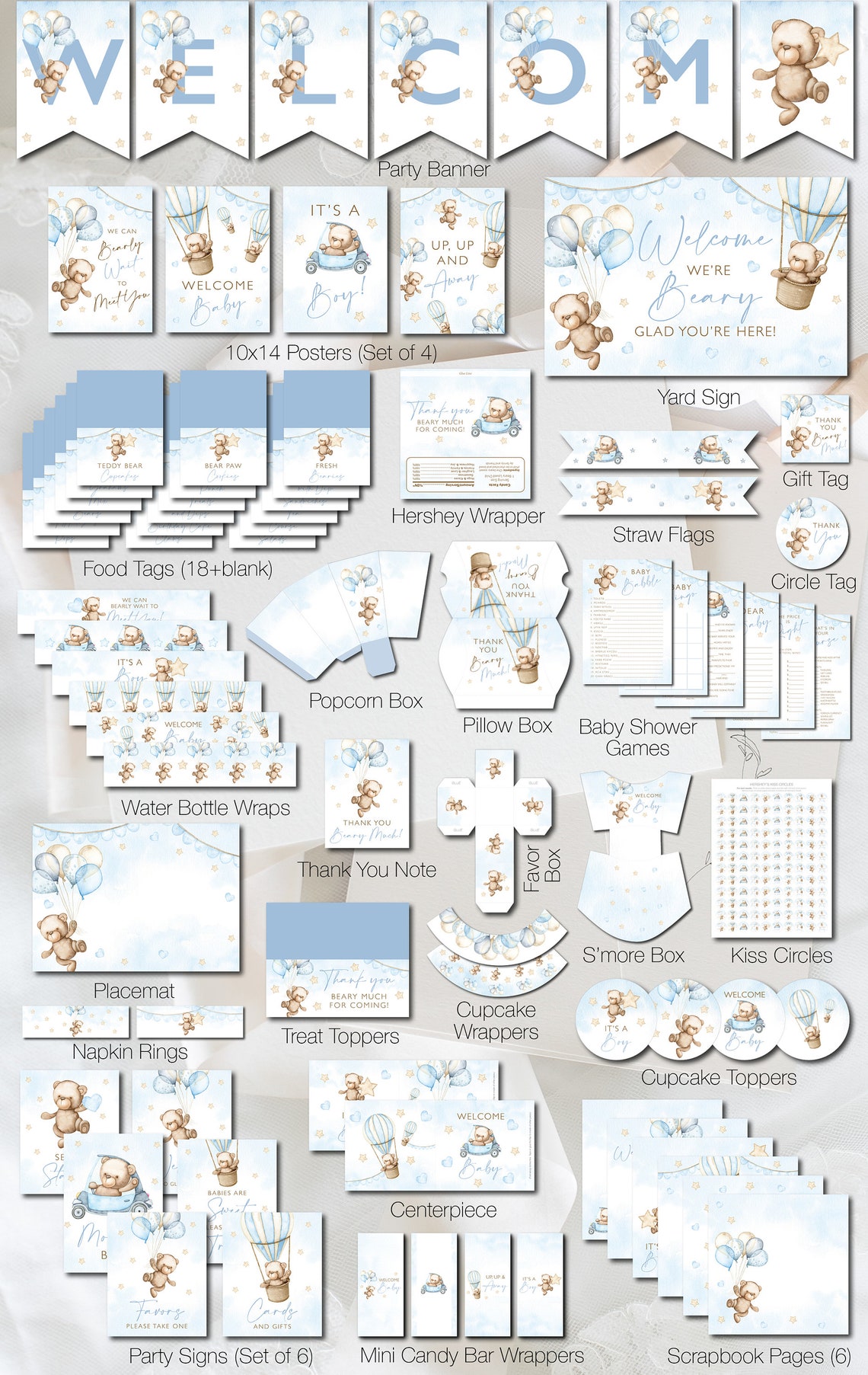 Teddy Bear Printable Baby Shower Bundle Party Pack Kit Party | Etsy