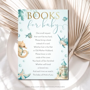 May include: A blue and green baby shower invitation card with a seahorse, a whale, and a castle. The text on the card reads "BOOKS for baby" and asks guests to bring a book instead of a card.