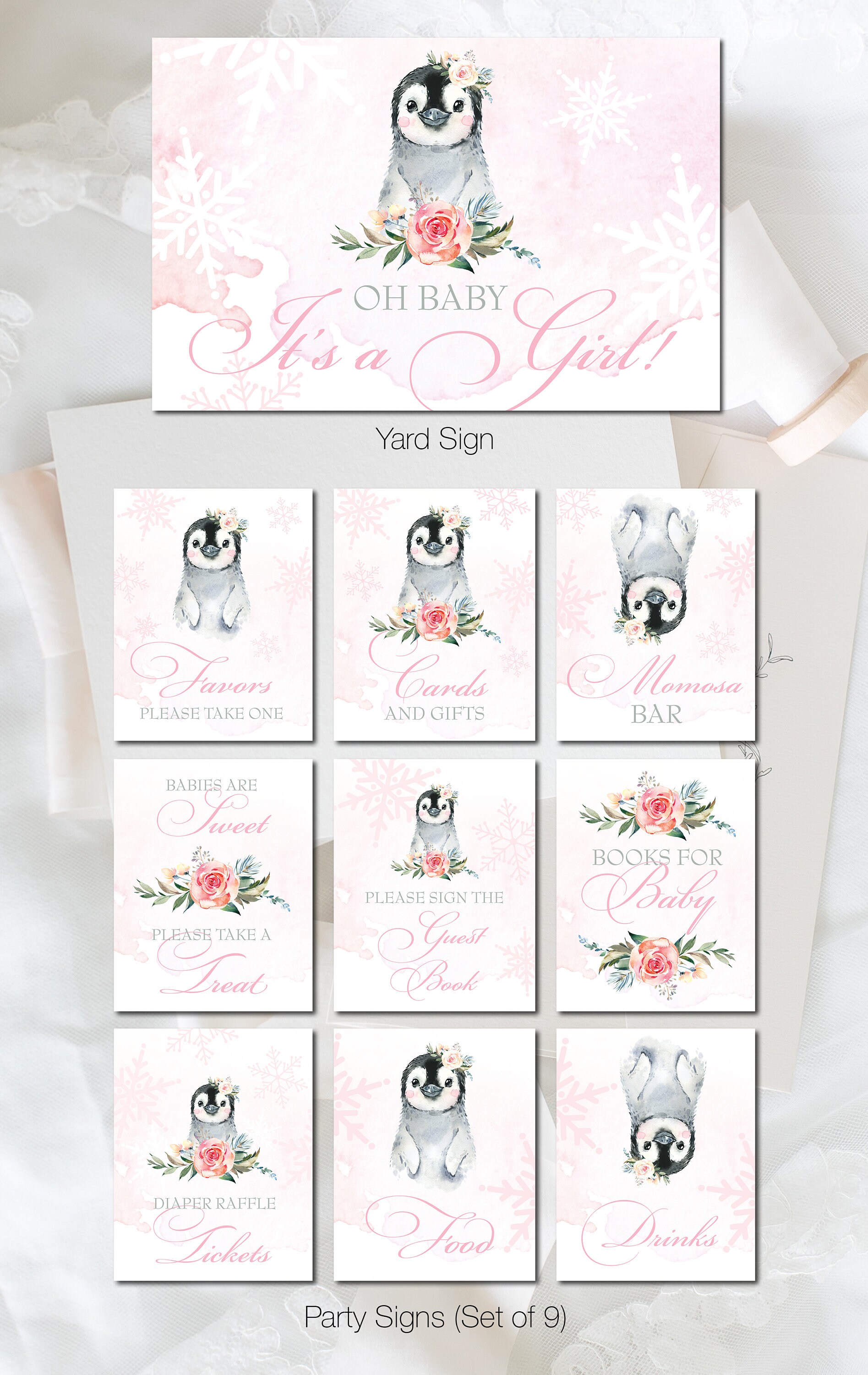 Sursurprise Pinguin-Banner Set – 3 Stück, Rosa, Für Geburtstag, Babyparty & Winter-Deko