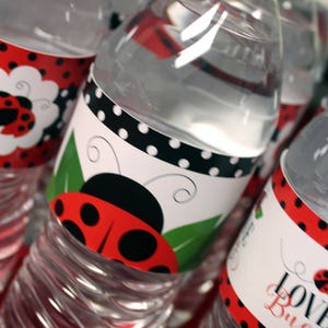 May include: Clear plastic water bottles with decorative labels featuring ladybug designs. The labels have red, black, and white polka dots, ladybug illustrations, and green leaf accents. The bottles are filled with clear liquid.