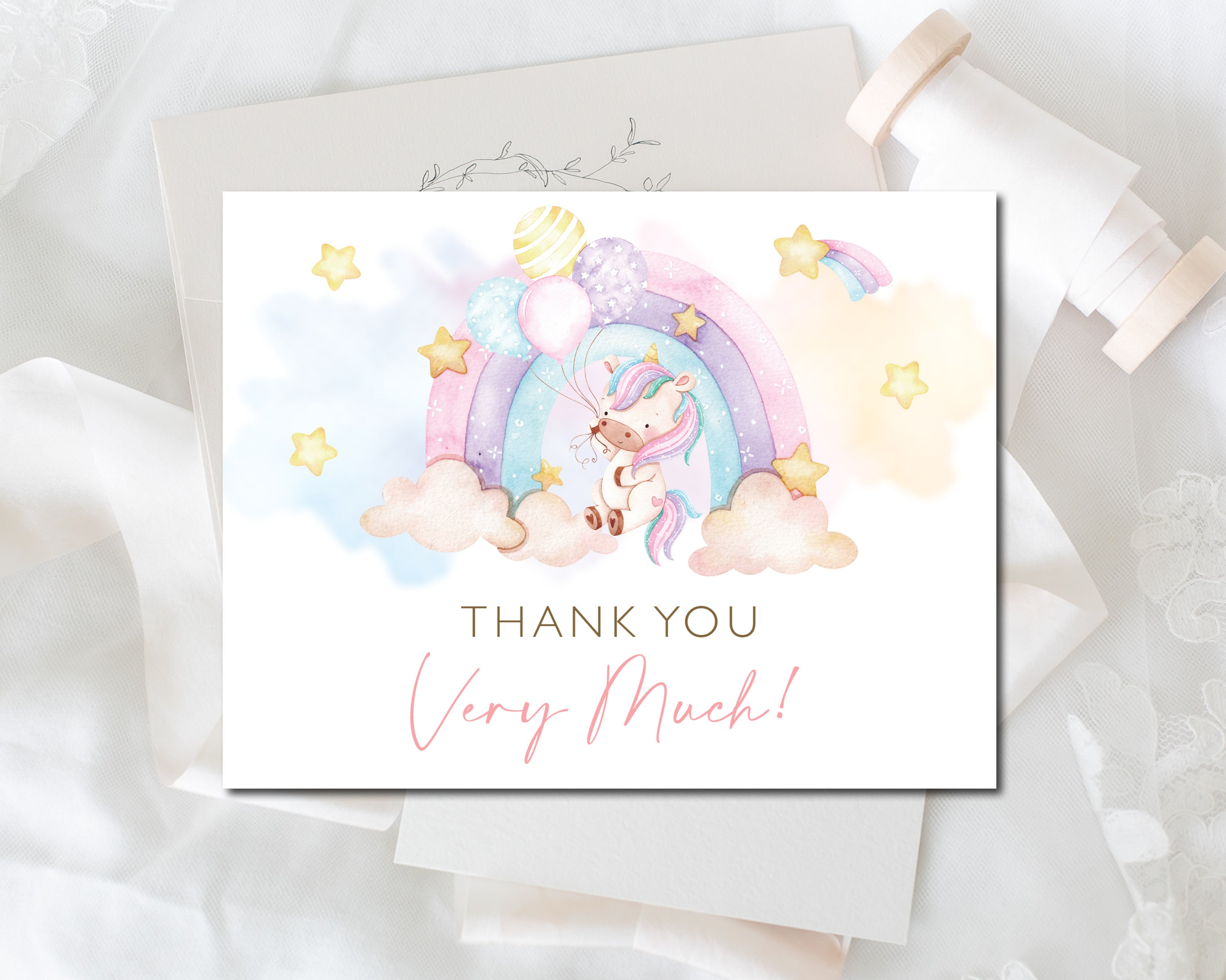 Rainbow Unicorn Thank You Note, Magical Unicorn Thank You Card, Flat ...