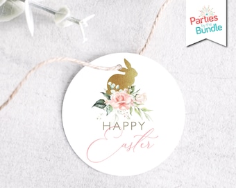 Floral Easter Bunny Gift Tags | Printable Circle Stickers | INSTANT DOWNLOAD