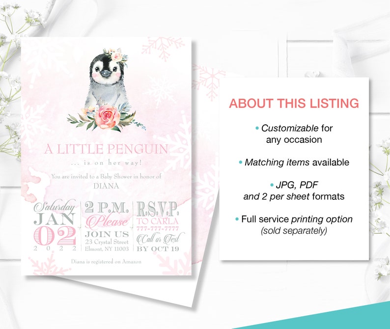 May include: A pink and white baby shower invitation with a cartoon penguin wearing a pink flower crown. The invitation says "A Little Penguin... is on her way!" and includes details for the event, such as the date, time, and RSVP information.