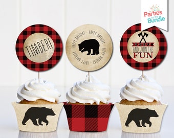 Lumberjack Birthday Party Supplies, Cupcake Toppers, Cupcake Wrappers, Lumberjack Printables, Lumberjack Theme, Red Plaid, INSTANT DOWNLOAD