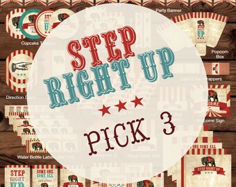 Può includere: Un set di decorazioni per feste di circo stampabili in uno schema di colori rosso, bianco e blu. Il set include uno striscione per feste, topper per cupcake, cartelli direzionali, etichette per bottiglie d'acqua, poster, un centrotavola, pagine di scrapbooking e molto altro. Il testo "Step Right Up" è in evidenza nel design.