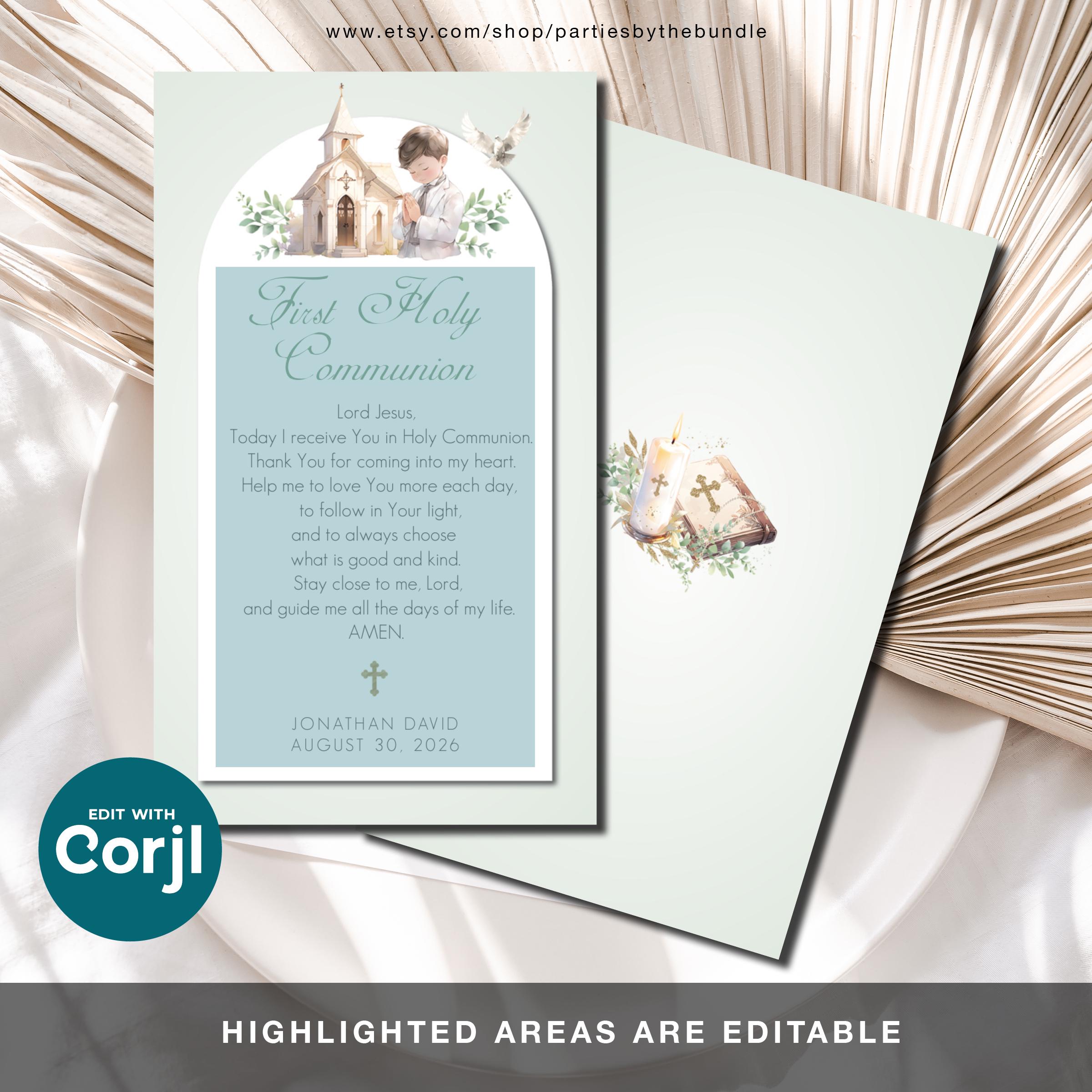 EDITABLE First Holy Communion Prayer Card for Boy | Christening ...