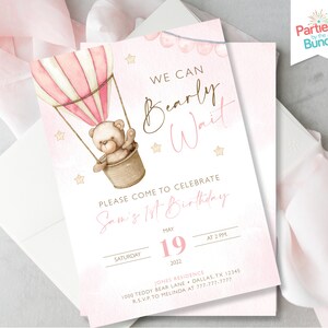 Teddy Bear Hot Air Balloon Birthday Invite | We Can Bearly Wait Invitation for Girl | DIGITAL FILE T22