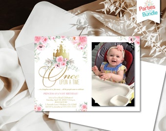 Once Upon a Time Birthday Party Invitation, Little Princess Invite, Fairytale Invitation, Pink  Princess, Photo Card, First Birthday