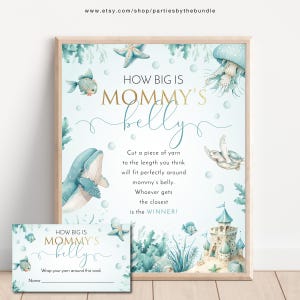 Qual é o tamanho da placa da barriga da mamãe e cartões de adivinhação | Jogo de chá de bebê sob o mar | Tema do oceano | Placa 8x10 para impressão | DOWNLOAD INSTANTÂNEO S1