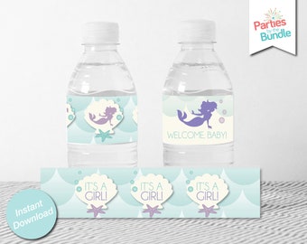 Mermaid Baby Shower Water Bottle Labels, Under the Sea Water Bottle Wrappers, Printable Favors, INSTANT DOWNLOAD M5