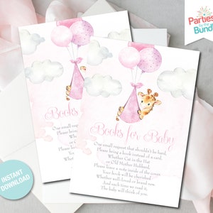 Boeken voor babykaart, roze giraf babyshower, boeken voor baby invoegen, kaart voor boekverzoek, breng een boek mee, INSTANT DOWNLOAD G24