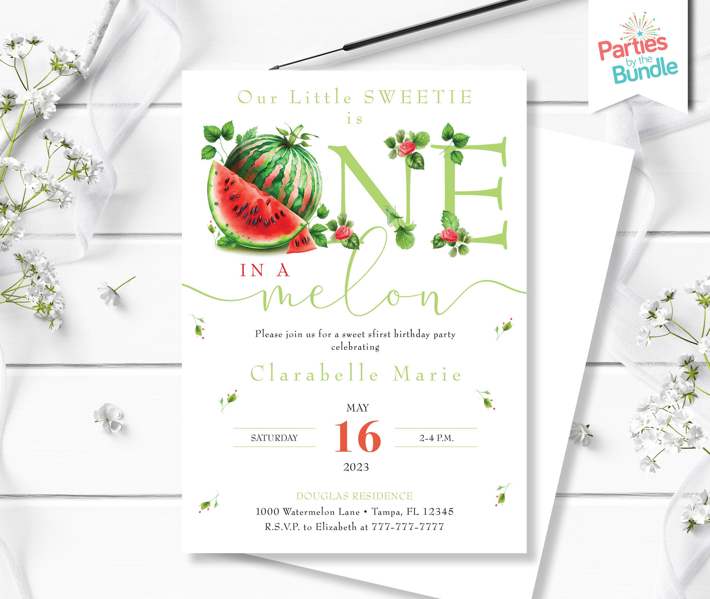 One in a Melon Birthday Invitation Watermelon First Birthday Invite Summer Invitation Tropical Fruit Party Sweet One Girl 1st