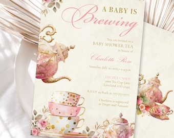 May include: A baby shower invitation featuring a teacup and teapot theme. The invitation is adorned with pink and gold teacups, teapots, and flowers. The text on the invitation reads "A Baby is Brewing" and includes the details of the baby shower, including the date, time, location, and RSVP information.