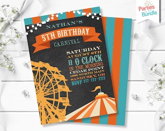 May include: A carnival-themed birthday invitation for a 5th birthday party. The invitation features a Ferris wheel, a circus tent, and the text "Nathan's 5th Birthday Carnival". The invitation also includes the date, time, and location of the party.