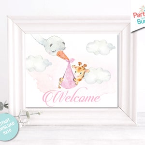 Pink Giraffe Baby Shower Welcome Sign Jungle Safari Printable Party Its a Girl Shower Decoration INSTANT DOWNLOAD G24