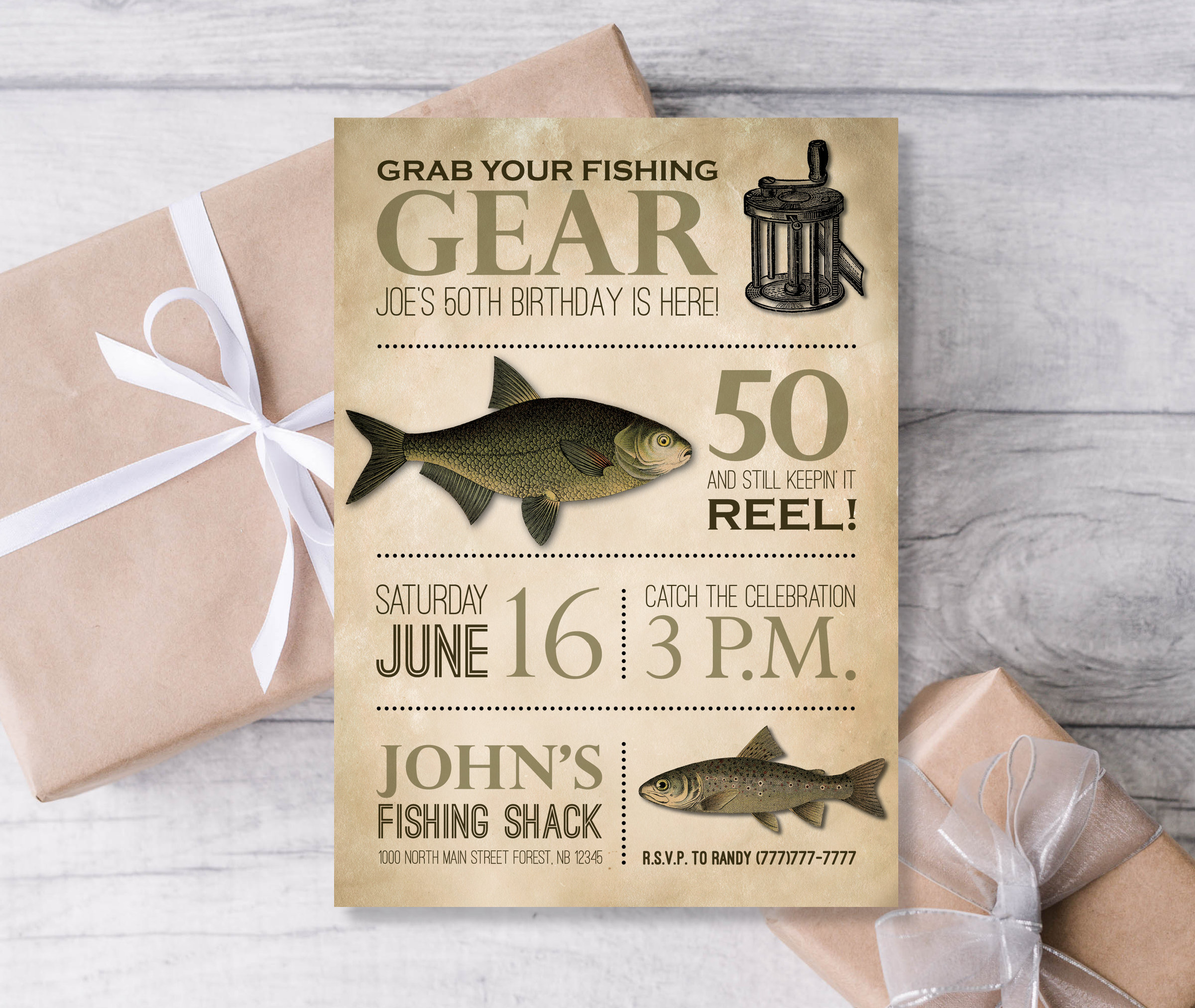 Fishing Invitation, Fishing Party Invitation, Fishing Birthday Invitations,  Rustic Birthday Invites, 50th Male Birthday, 40th Male Birthday 