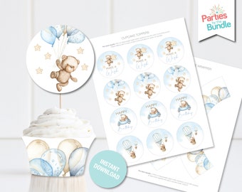 May include: Printable cupcake toppers and wrappers featuring a brown teddy bear with blue balloons, stars, and the text "Make a Wish" and "Happy Birthday".