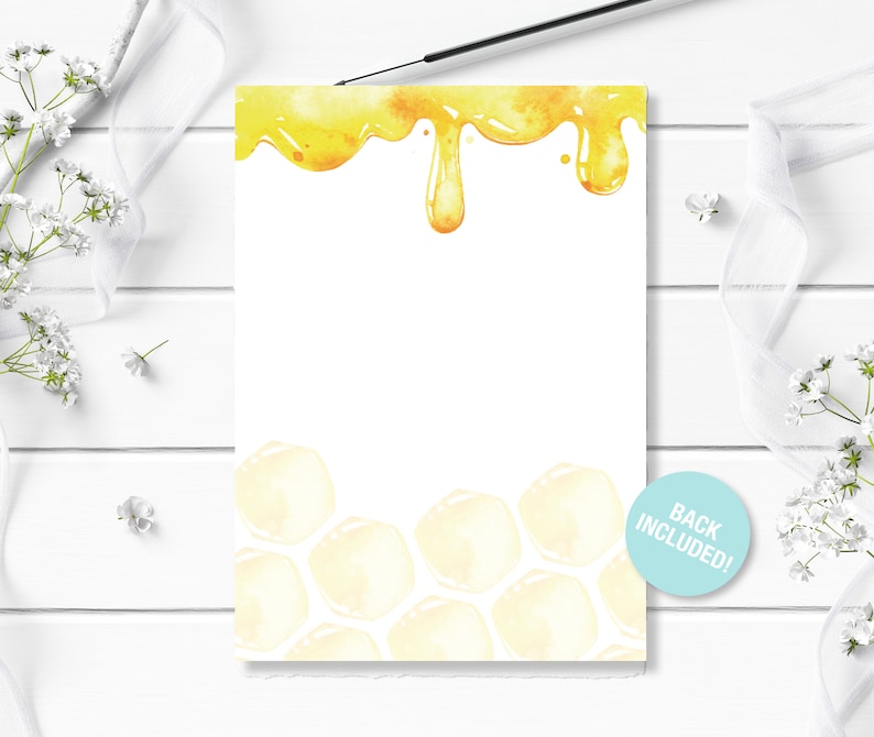 May include: A white card with a yellow honey dripping design at the top and a honeycomb pattern at the bottom. The text "Back Included!" is on a blue circle in the bottom right corner.