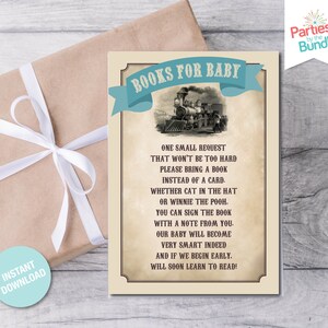Boeken voor babykaart, treinbabyshower, boeken voor baby invoegen, kaart voor boekverzoek, afdrukbare invoeging, breng een boek mee, INSTANT DOWNLOAD T8
