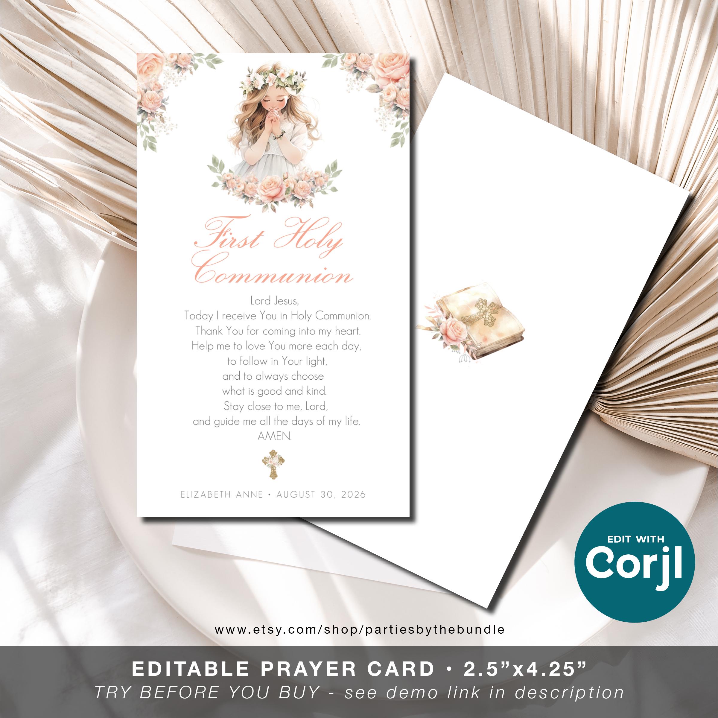 EDITABLE First Holy Communion Prayer Card for Girl | Christening ...