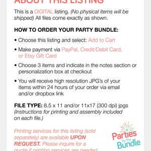 Puede incluir: Un anuncio de listado digital blanco con texto coral. El texto incluye informaci&oacute;n sobre c&oacute;mo pedir un paquete de fiesta, el tipo de archivo y los servicios de impresi&oacute;n. El logotipo de Parties by the Bundle est&aacute; en la esquina inferior derecha.