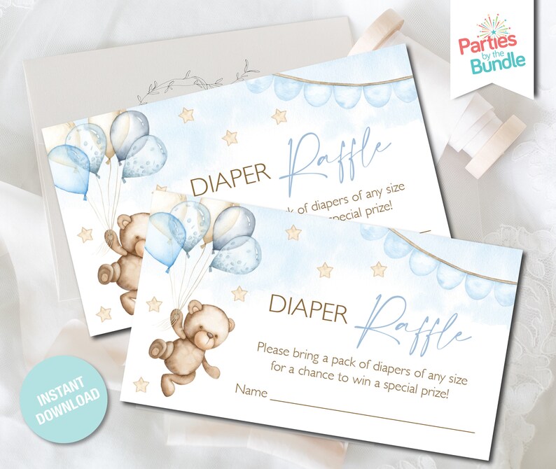 Diaper Raffle Ticket Blue Teddy Bear Baby Shower Printable - Etsy